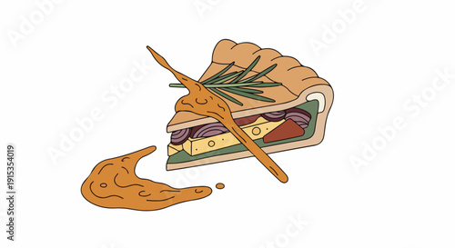 Slice of savory pie with cheese, onions, and herbs, drizzled with sauce, isolated on white background