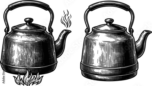 A vintage illustration showing two metal kettles. One is placed over a fire, emitting steam, indicating it is heating. The other kettle is shown ready for use. Black and white sketch style.