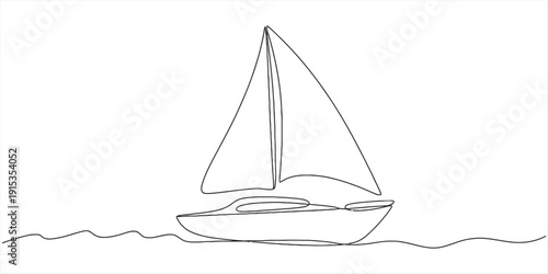 A simple black and white line drawing of a sailboat floating on wavy water in a minimalist style. Vector, illustration