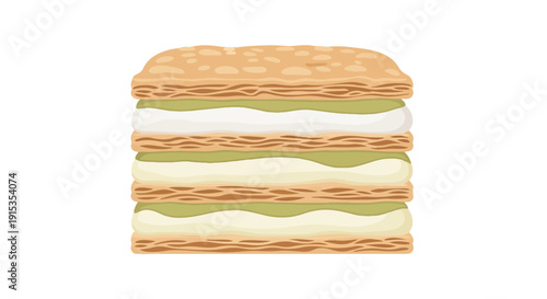 Vector illustration of a sweet layered dessert, possibly a mille-feuille or napoleon, with light green and white cream, isolated on a clean background.