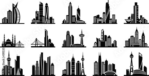 Diverse collection of black silhouette city skylines with famous landmarks Keywords: city, skyline, architecture, building