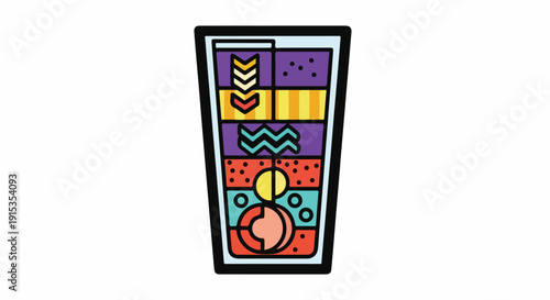 Colorful layered drink in a transparent glass, abstract graphic illustration of a healthy beverage or cocktail with geometric patterns.