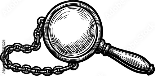 Detailed illustration of a vintage magnifying glass with a linked chain and wooden handle. The drawing is in black and white, emphasizing its antique and observational qualities.