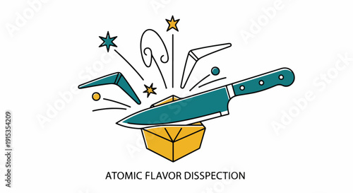 Atomic Flavor Dissection: Chef's knife cutting a golden geometric object with dynamic sparks, symbolizing precise culinary analysis and innovative taste discovery.