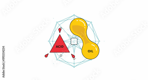 Conceptual illustration of acid and oil elements, contrasting their properties within a geometric molecular framework, representing chemistry, science, and fundamental components.