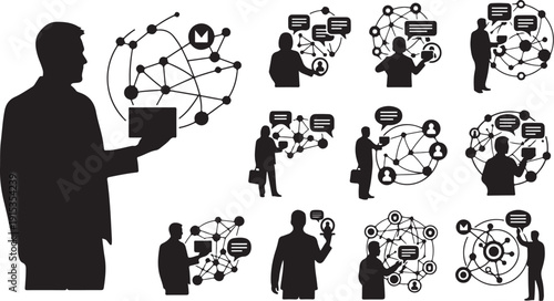 Business Communication and Social Network Silhouette Icons Set