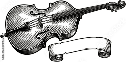 Vintage Violin With Blank Scroll Banner Black And White Engraving Style