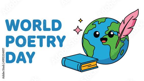 World Poetry Day illustration with globe, book and feather quill pen, creative literature celebration and global writing concept design