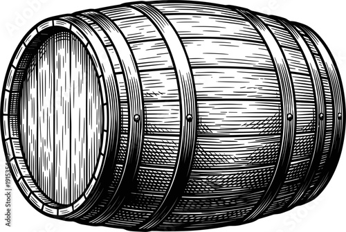 A black and white illustration of a vintage wooden barrel with metal hoops. The barrel is depicted in profile, showcasing its cylindrical shape and texture. Isolated on a white background.