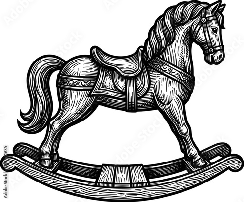 A detailed black and white illustration of a vintage wooden rocking horse toy. It features a saddle and bridle and rests on a curved base, evoking a sense of nostalgia and childhood play.