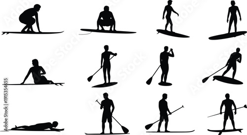 Silhouette Collection Of People Stand Up Paddleboarding And Surfing vector illustration