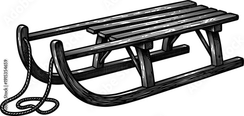 A vintage wooden sled with a rope attached, depicted in a black and white illustration, ready for winter snow activities and outdoor fun.