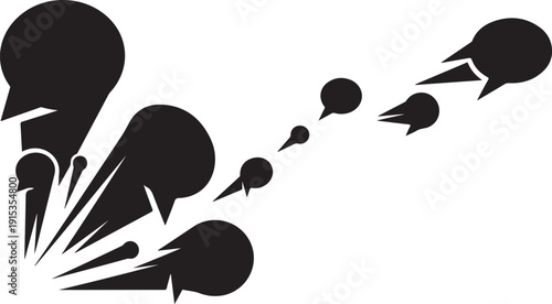 Black speech bubbles flying out in different directions quickly