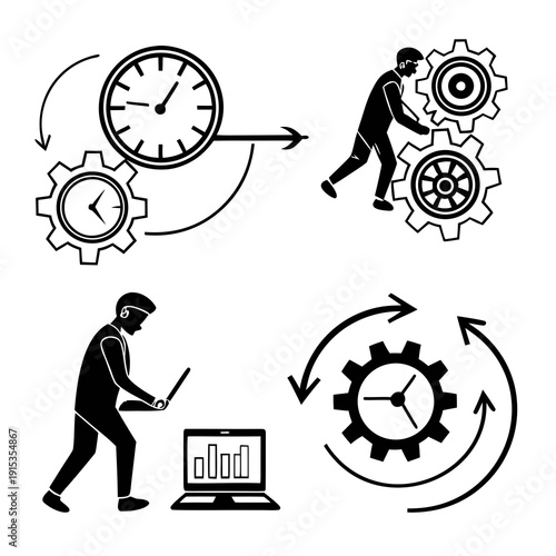 Black and white of business process synchronization with clocks gears and workers