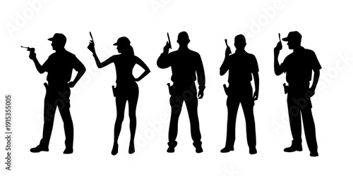 Black silhouettes of five construction workers with tools drill hammer