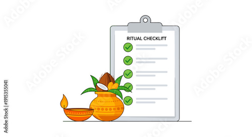 Diya and Kalash with Ritual Checklist on Clipboard