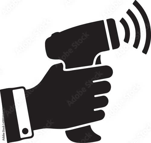 Hand holding a non-contact infrared thermometer, showing temperature scanning with waves