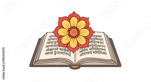 Open book with Sanskrit text and a lotus flower on top