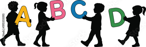 Silhouettes of children holding colorful letters ABCD on white background kids boys
