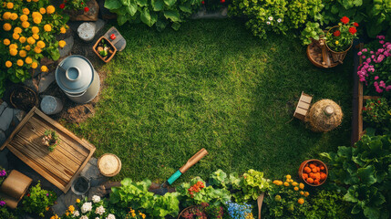 Overhead view of a vibrant garden with tools and flowers, garden chores