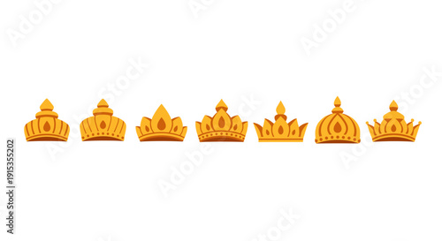 Collection of seven golden royal crowns on a white background