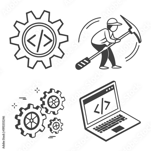 Coding gear and miner with pickaxe and laptop