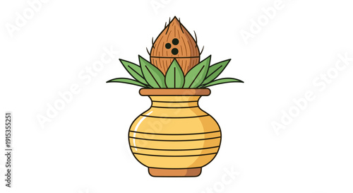 Indian Kalash with coconut and mango leaves for tradition