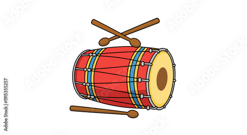 Red dholak drum with sticks, Indian percussion instrument