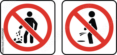 Two prohibition signs one for littering and one for urinating on white background Keywords: no littering, no urinating