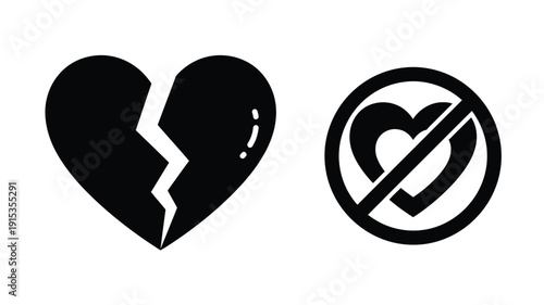 Broken heart and no love symbols in a black silhouette