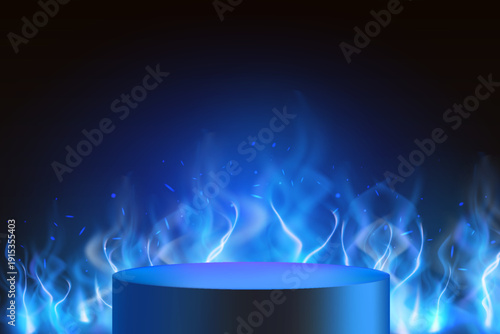 Podium round stand on blue fire burning background black, flaming pedestal, realistic vector fiery pedestal showcase