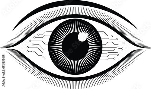 A black and white illustration of a futuristic eye with circuit board details