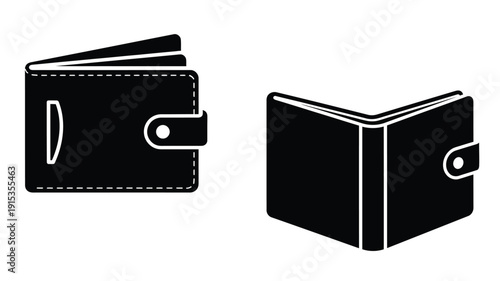 Two views of a black wallet a simple design silhouette