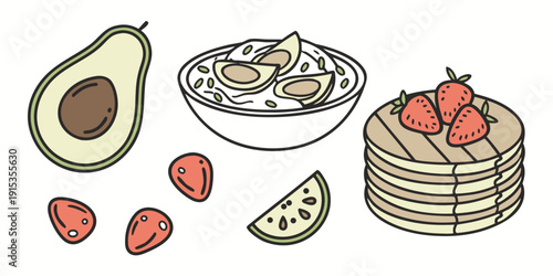 Doodle of avocado strawberries and pancakes with fruit breakfast