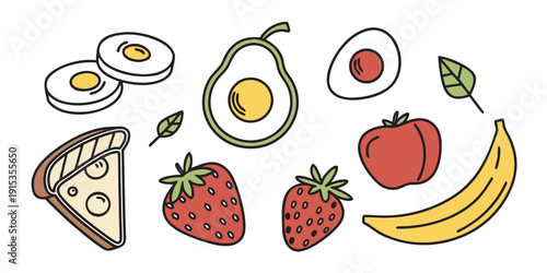 Doodle of breakfast foods on white background eggs