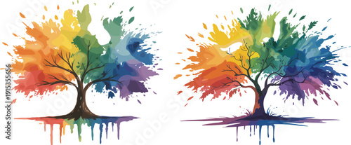 Colorful watercolor trees, abstract foliage design, artistic paint splash illustration, vibrant nature graphic, decorative landscape element, whimsical botanical art resource