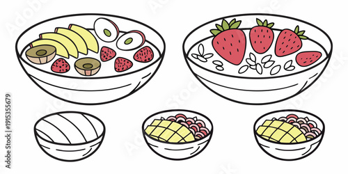 Doodle style smoothie bowls with fruits on white background food