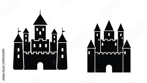 Two black castle outlines against a white background silhouette