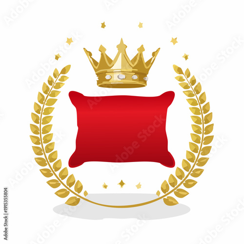 Luxury red pillow with golden crown and laurel wreath on white background.