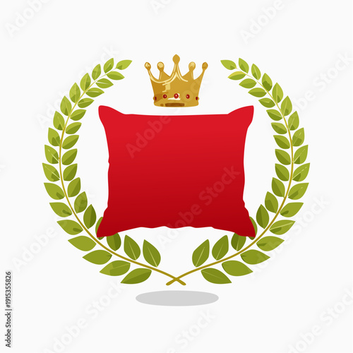 Red pillow with golden crown surrounded by laurel wreath symbolizing achievement and luxury.