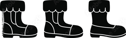 Three black silhouette icons of winter boots on white background Keywords: boots, winter, snow, footwear, shoes, warm, cold
