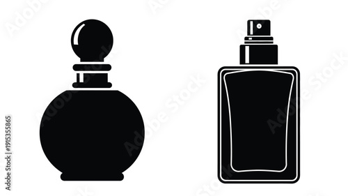 Two perfume bottles in a stark black outline silhouette