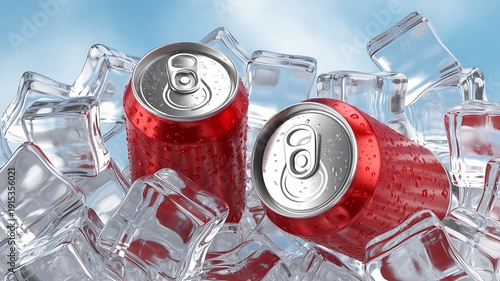 Two cold red soda cans chilling in a pile of ice cubes with a blue sky background