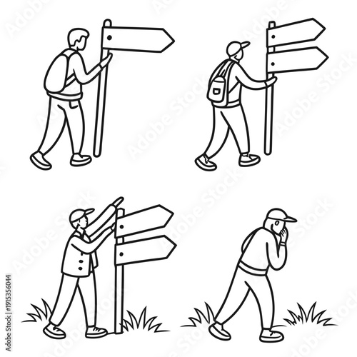 Four people with backpacks holding or walking near directional signs arrows