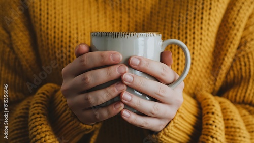 Cozy hands in a warm yellow sweater holding a mug of hot beverage on a cold day