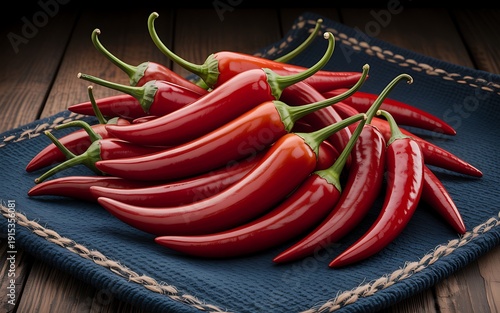 Pile of red chili peppers on blue mat