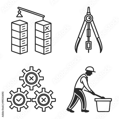 Functional separation with gear and worker black and white line functional separation