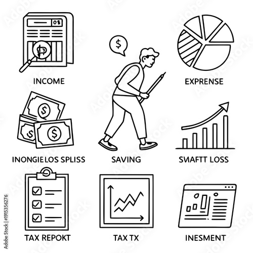 Income tracking set of 8 outline with financial concepts expense saving tax report