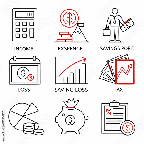 Income tracking set with calculator expense savings profit loss tax