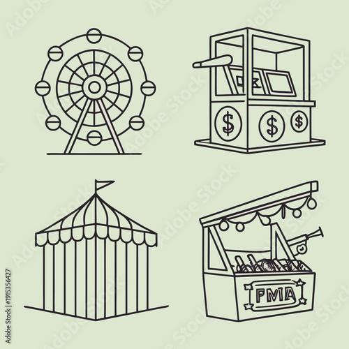 Line of carnival attractions and games on pale green background line ferris wheel